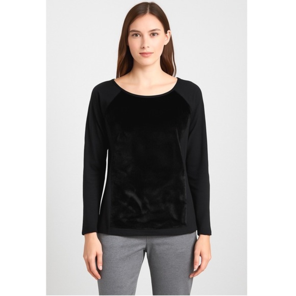 Ann Taylor Black Faux Fur Panel Long Sleeve Top Tunic Zipper Side Detail S 75-25